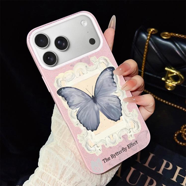 For iPhone 17 Pro Blue Butterfly Pattern IMD Glitter PC Hybrid TPU Phone Case(Pink)