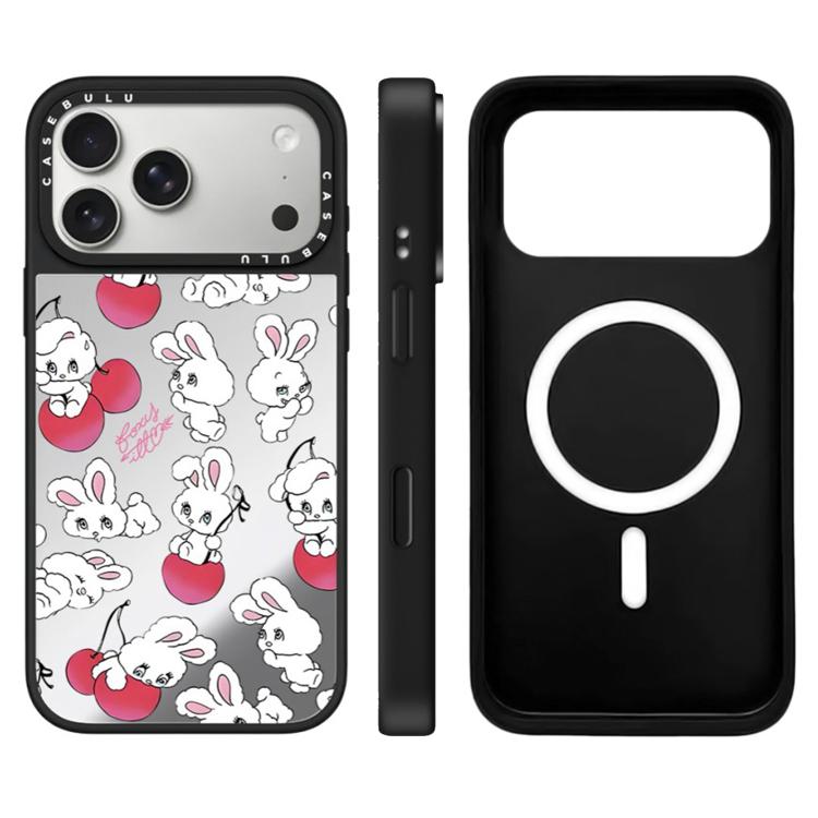 For iPhone 17 Pro Bunny Series Pattern Camera Control Button Mirror Magnetic Phone Case(Cherry White Bunny)