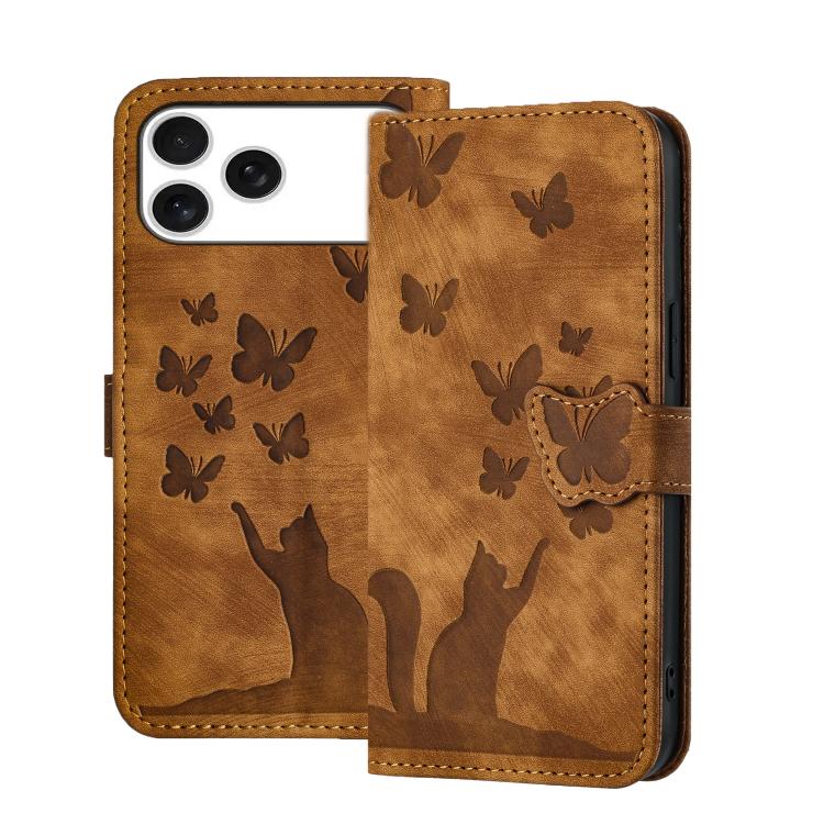 For iPhone 17 Pro Butterfly Cat Embossing Flip Leather Phone Case(Brown)