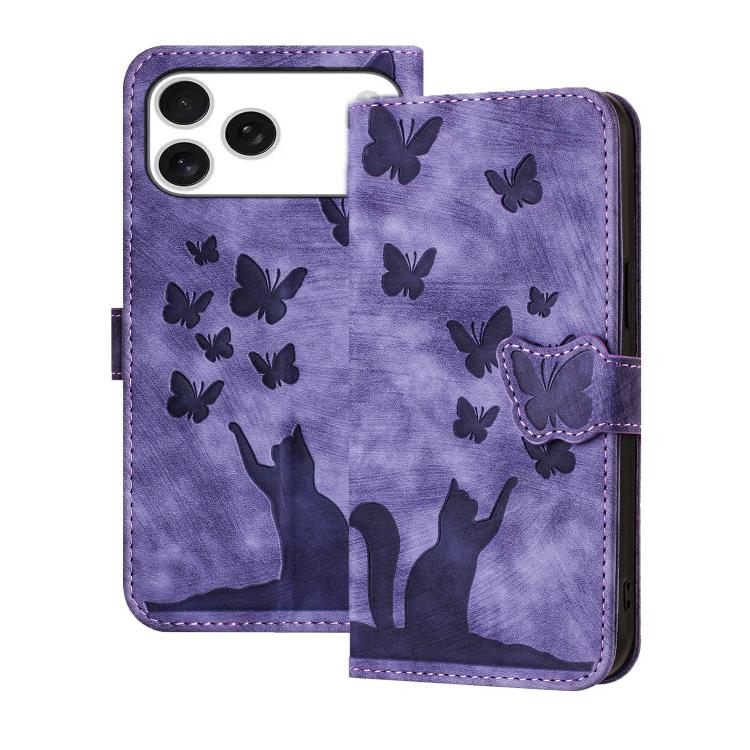 For iPhone 17 Pro Butterfly Cat Embossing Flip Leather Phone Case(Purple)