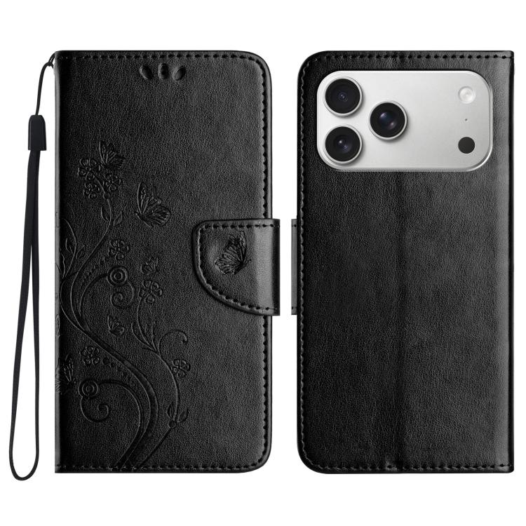 For iPhone 17 Pro Butterfly Flower Pattern Flip Leather Phone Case(Black)