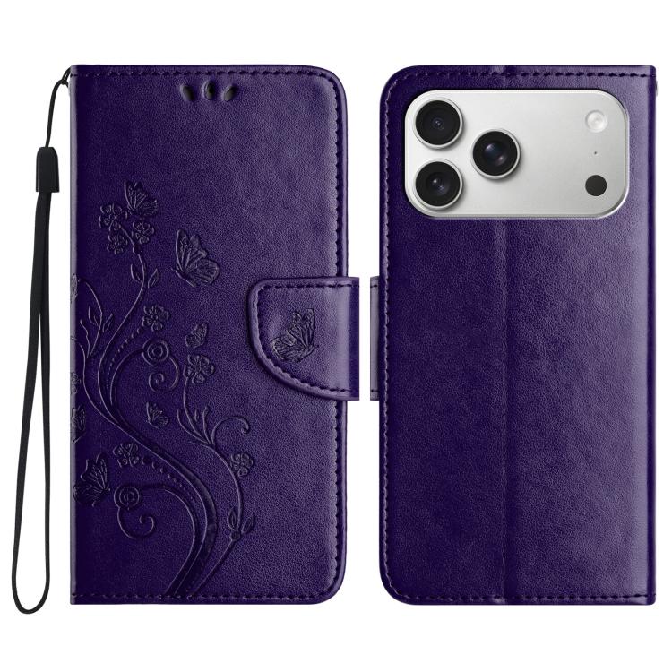 For iPhone 17 Pro Butterfly Flower Pattern Flip Leather Phone Case(Dark Purple)