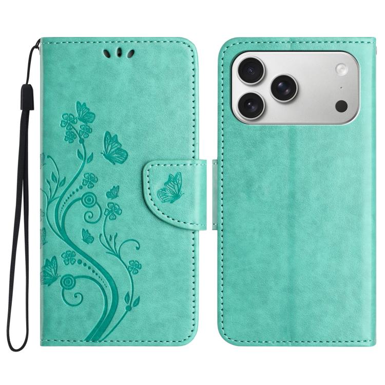 For iPhone 17 Pro Butterfly Flower Pattern Flip Leather Phone Case(Green)