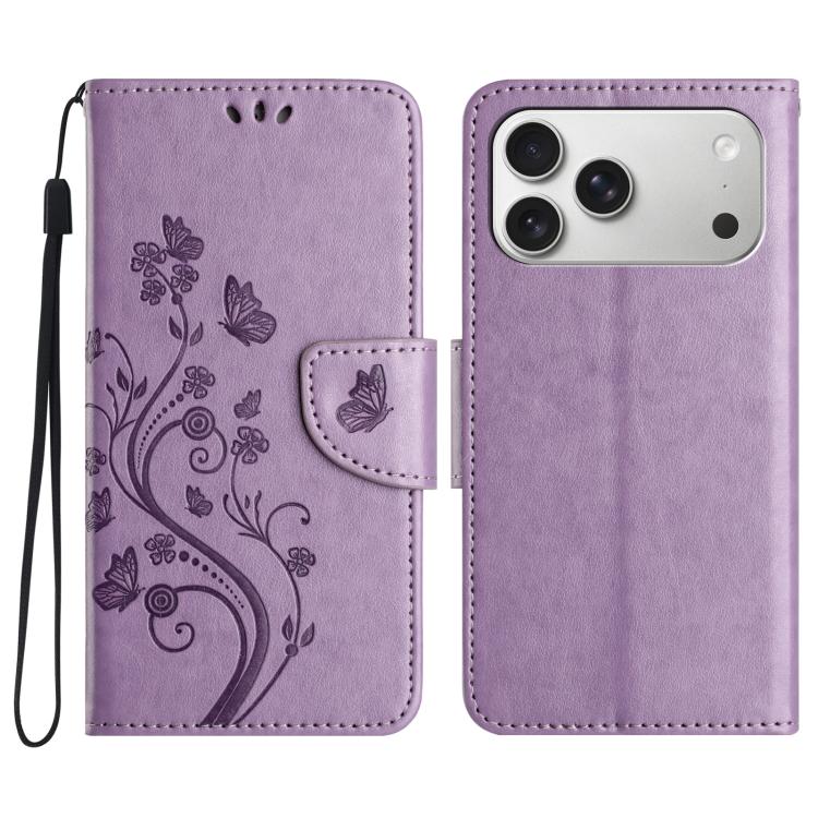 For iPhone 17 Pro Butterfly Flower Pattern Flip Leather Phone Case(Light Purple)
