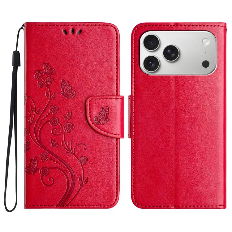 For iPhone 17 Pro Butterfly Flower Pattern Flip Leather Phone Case(Red)