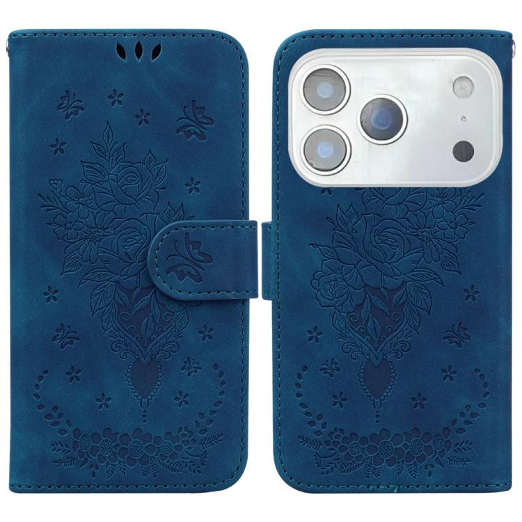 For iPhone 17 Pro Butterfly Rose Embossed Leather Phone Case(Blue)