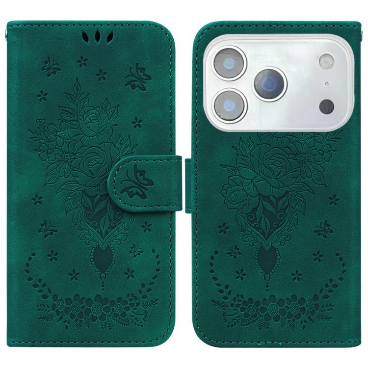 For iPhone 17 Pro Butterfly Rose Embossed Leather Phone Case(Green)