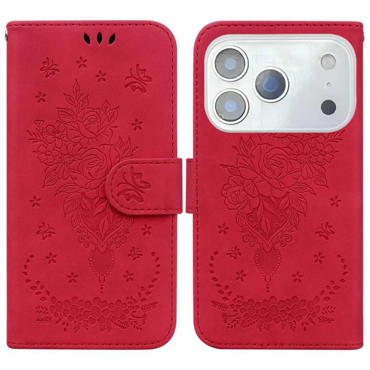 For iPhone 17 Pro Butterfly Rose Embossed Leather Phone Case(Red)