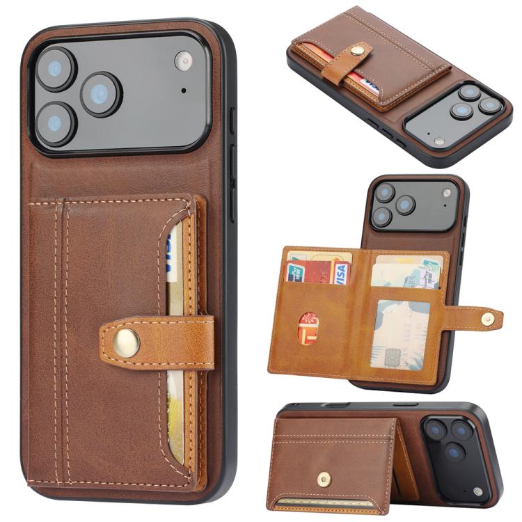 For iPhone 17 Pro Calfskin Card Slot TPU Hybrid PU Phone Case(Brown)