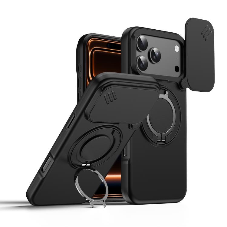 For iPhone 17 Pro Camera Sliding Shield Magnetic Rotation Holder Phone Case(Black)