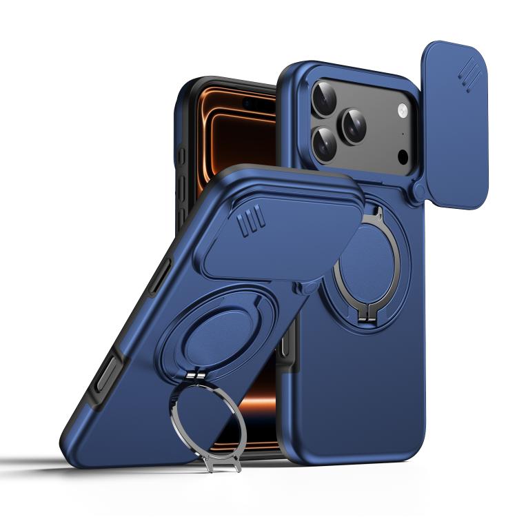 For iPhone 17 Pro Camera Sliding Shield Magnetic Rotation Holder Phone Case(Blue)