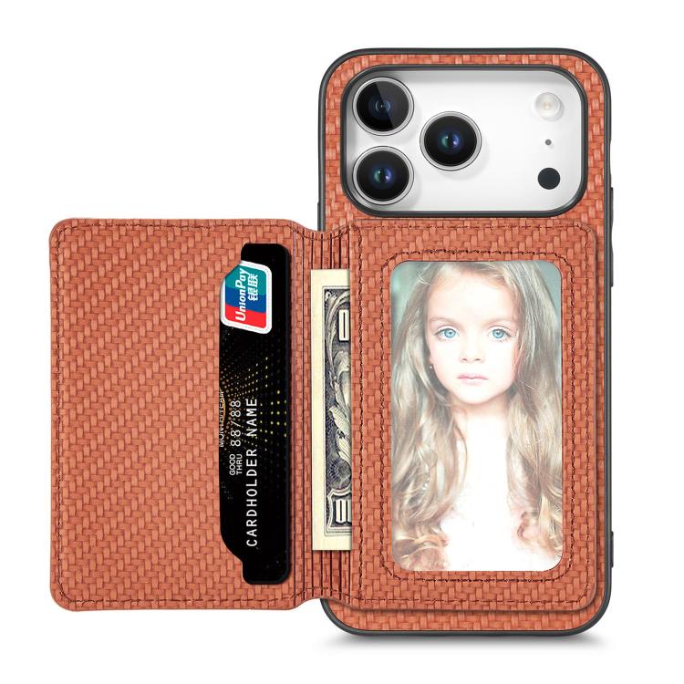 For iPhone 17 Pro Carbon Fiber Magnetic Card Wallet RFID Blocking Phone Case(Brown)