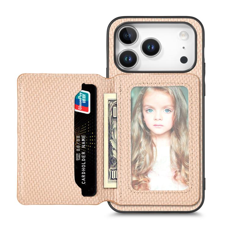 For iPhone 17 Pro Carbon Fiber Magnetic Card Wallet RFID Blocking Phone Case(Khaki)