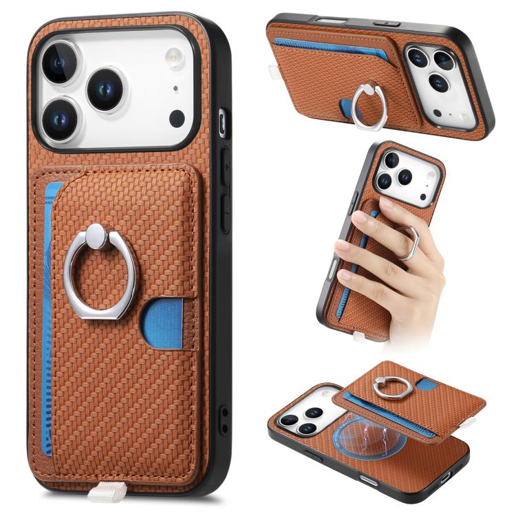 For iPhone 17 Pro Carbon Fiber Ring Side Insert Card Bag MagSafe Phone Case(Brown)