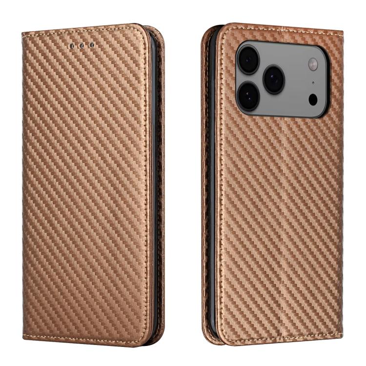 For iPhone 17 Pro Carbon Fiber Texture Magnetic Flip Leather Phone Case(Brown)