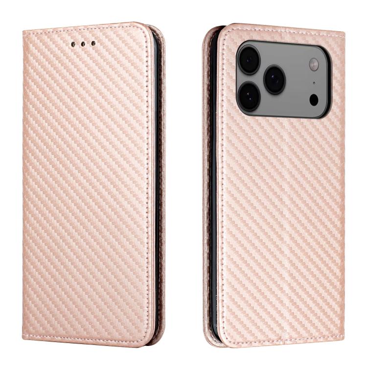 For iPhone 17 Pro Carbon Fiber Texture Magnetic Flip Leather Phone Case(Rose Gold)