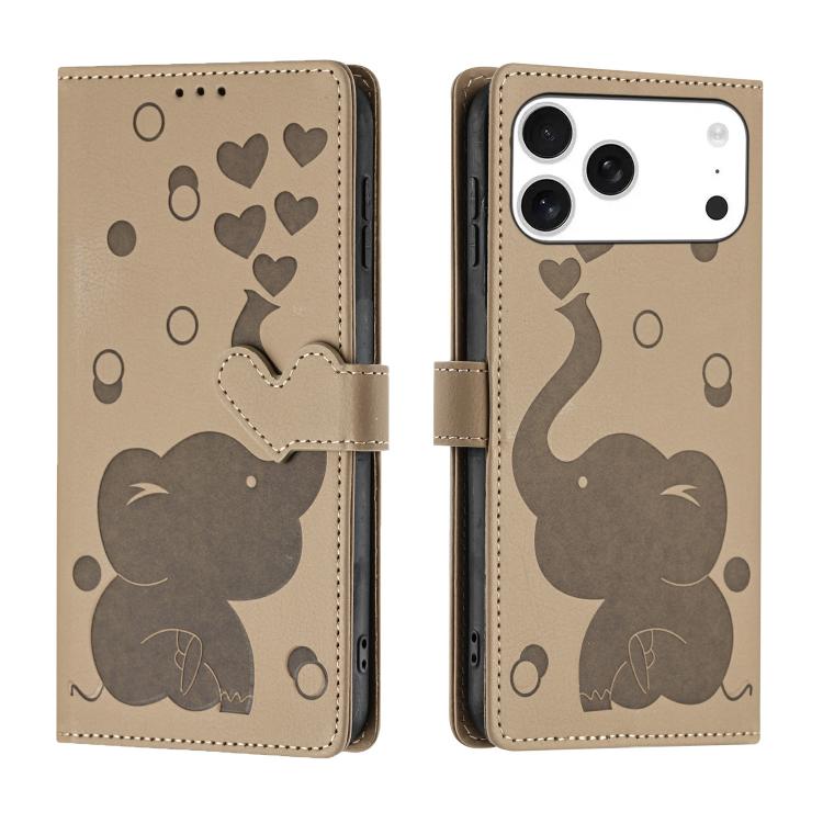 For iPhone 17 Pro Cartoon Elephant Embossed Leather Phone Case(Khaki)