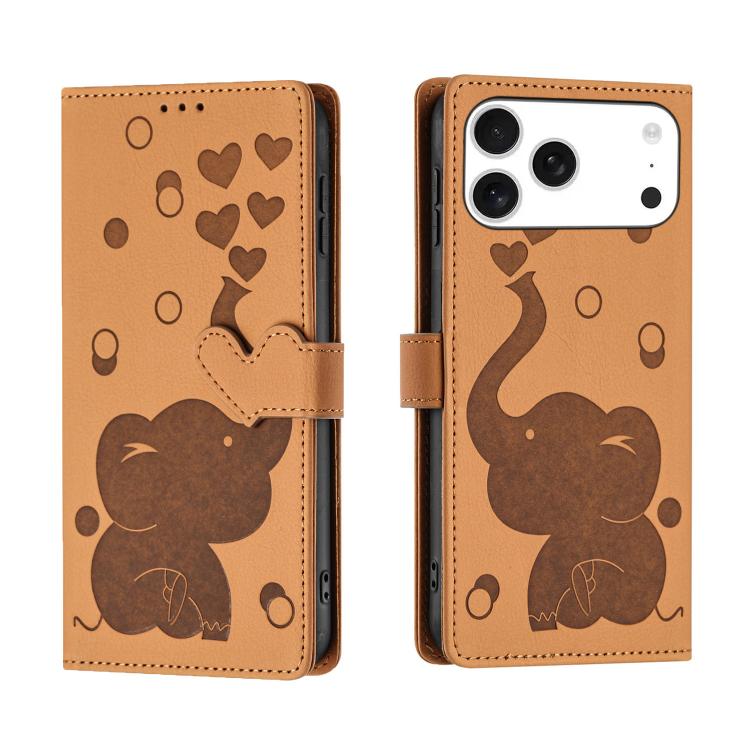 For iPhone 17 Pro Cartoon Elephant Embossed Leather Phone Case(Yellow)