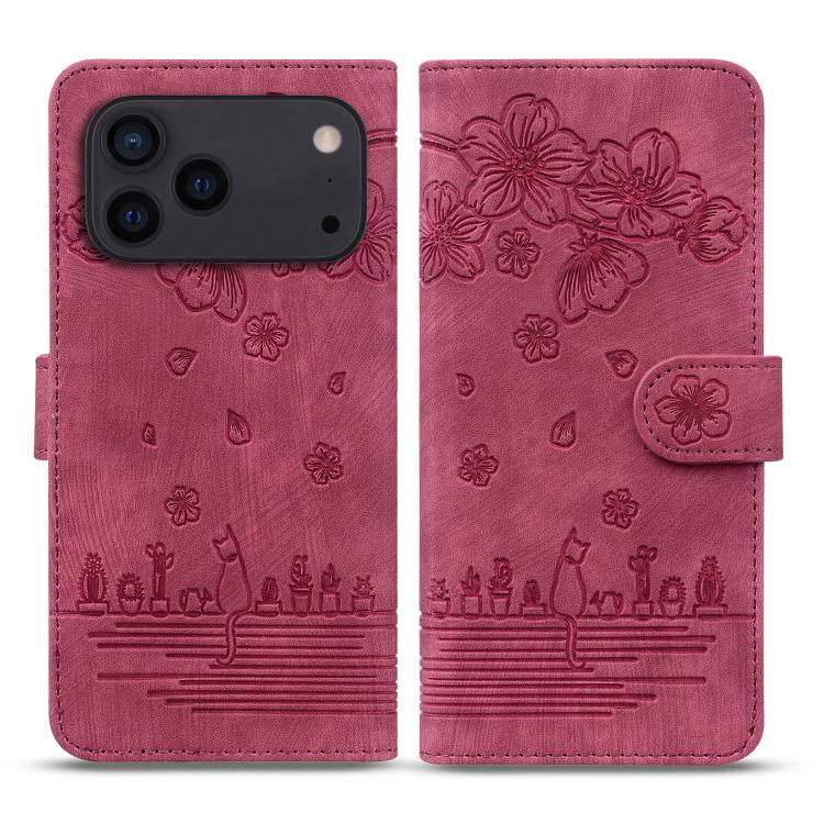 For iPhone 17 Pro Cartoon Sakura Cat Embossed Leather Phone Case(Wine Red)
