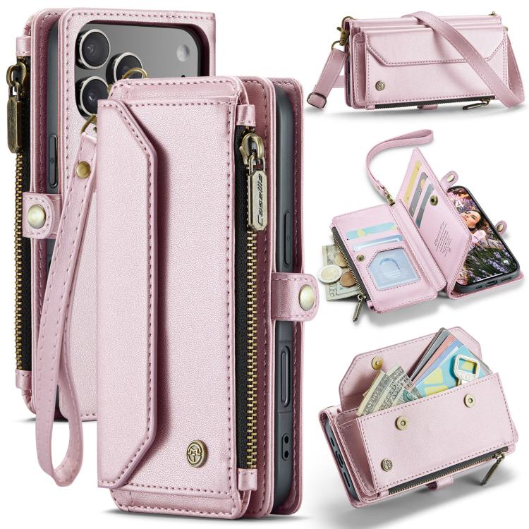 For iPhone 17 Pro CaseMe C36 Card Slots Zipper Wallet RFID Anti-theft Leather Phone Case(Pink)