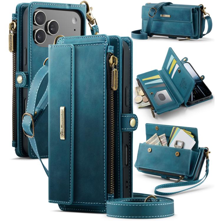 For iPhone 17 Pro CaseMe C39 RFID Blocking Zipper Wallet Leather Phone Case with Crossbody Strap(Green)