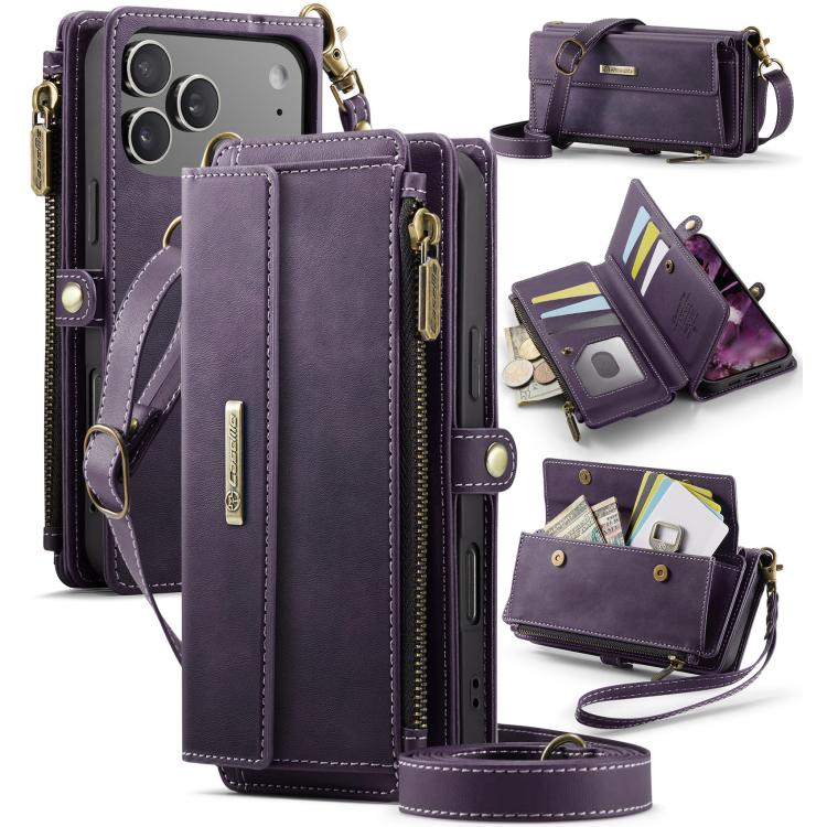 For iPhone 17 Pro CaseMe C39 RFID Blocking Zipper Wallet Leather Phone Case with Crossbody Strap(Purple)