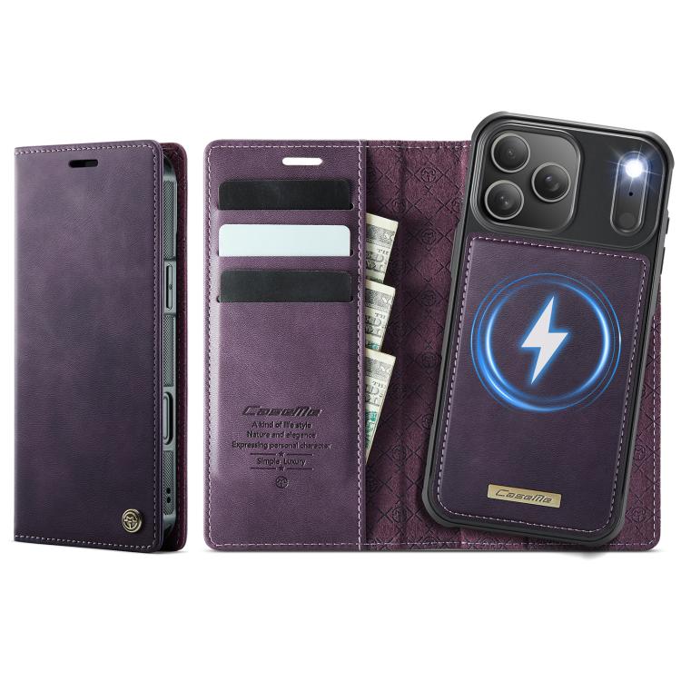For iPhone 17 Pro CaseMe C49 MagSafe RFID Blocking Detachable Wallet Leather Phone Case(Purple)