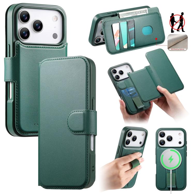 For iPhone 17 Pro CaseNeo Finger Grip Strap MagSafe Leather Phone Case(Green)