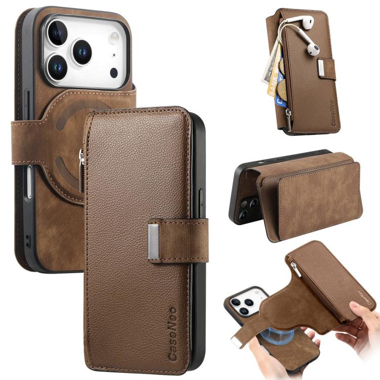 For iPhone 17 Pro CaseNeo MagSafe RFID Anti-theft Zipper Wallet Retro Leather Phone Case(Brown)