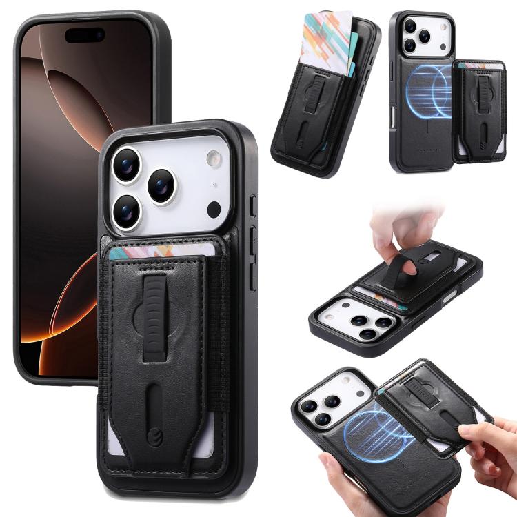 For iPhone 17 Pro CaseNeo Retro Wristband Elastic Card Bag Magnetic Back Phone Case(Black)