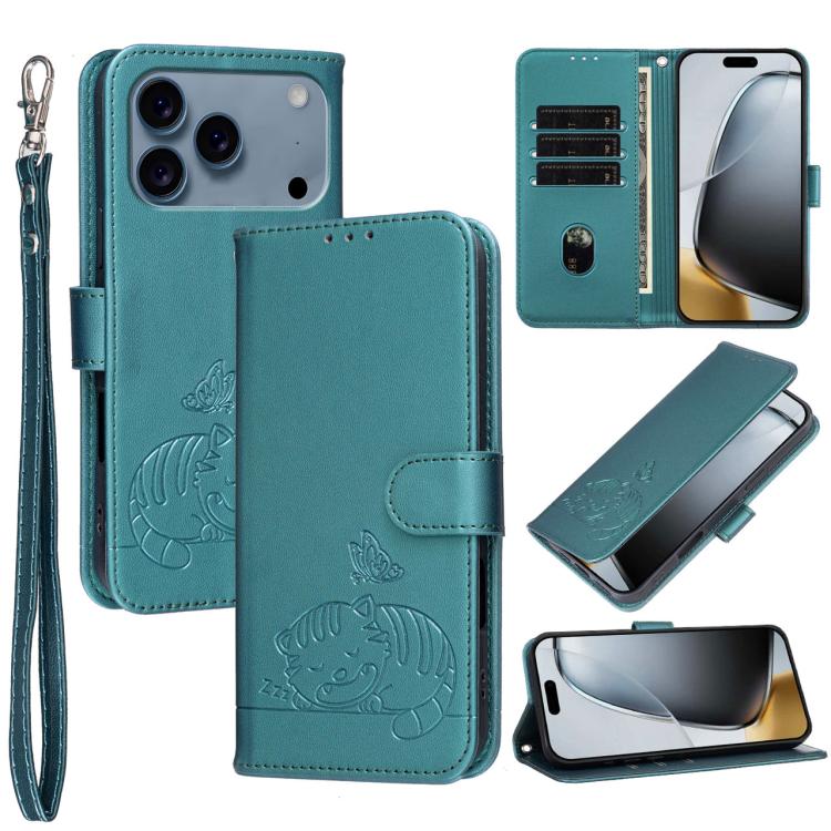 For iPhone 17 Pro Cat Butterfly Embossed RFID Vegan Leather Phone Case with Strap(Dark Green)