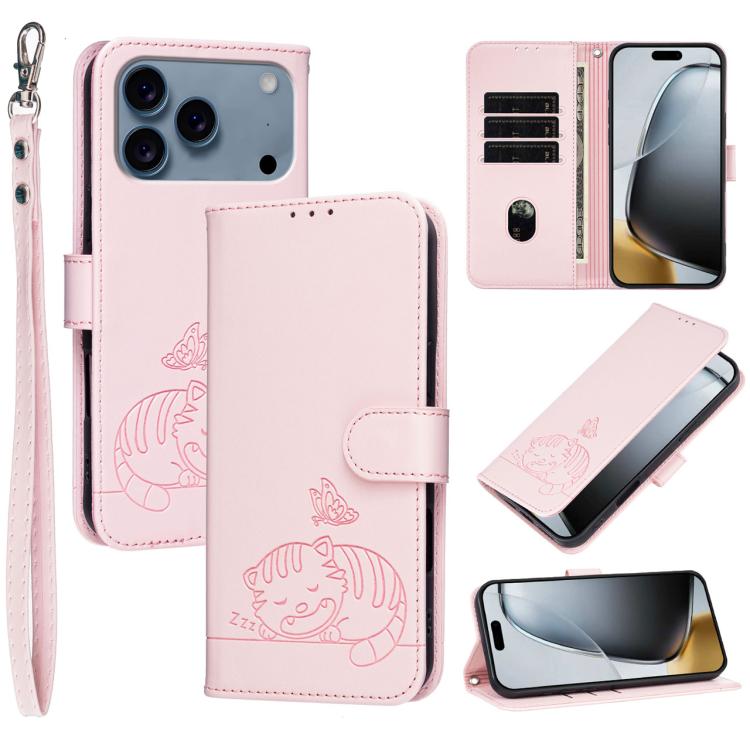 For iPhone 17 Pro Cat Butterfly Embossed RFID Vegan Leather Phone Case with Strap(Pink)