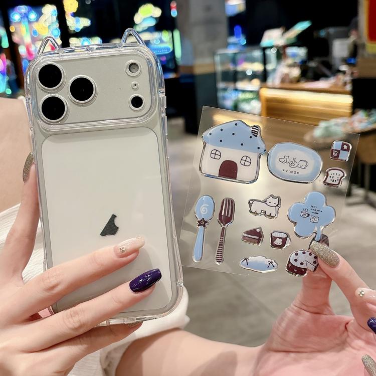 For iPhone 17 Pro Cat-Ear Style Transparent PC Phone Case with Resin Sticker(Blue Four Leaf Clover)