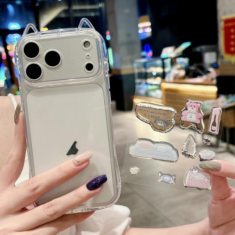 For iPhone 17 Pro Cat-Ear Style Transparent PC Phone Case with Resin Sticker(Pink Bear)