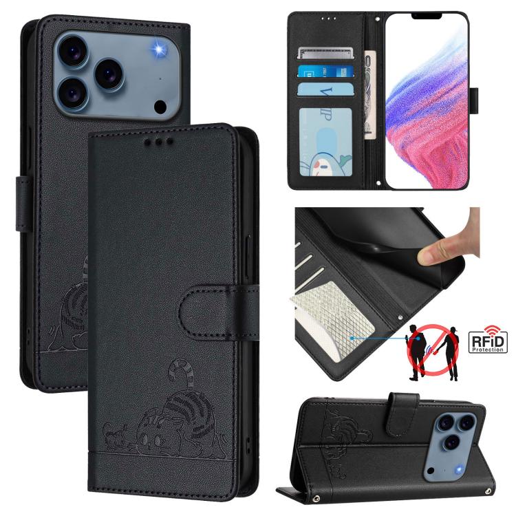 For iPhone 17 Pro Cat Rat Embossed Pattern RFID Leather Phone Case with Lanyard(Black)