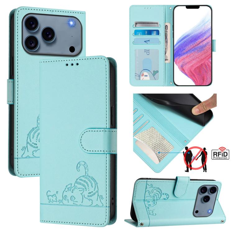 For iPhone 17 Pro Cat Rat Embossed Pattern RFID Leather Phone Case with Lanyard(Mint Green)