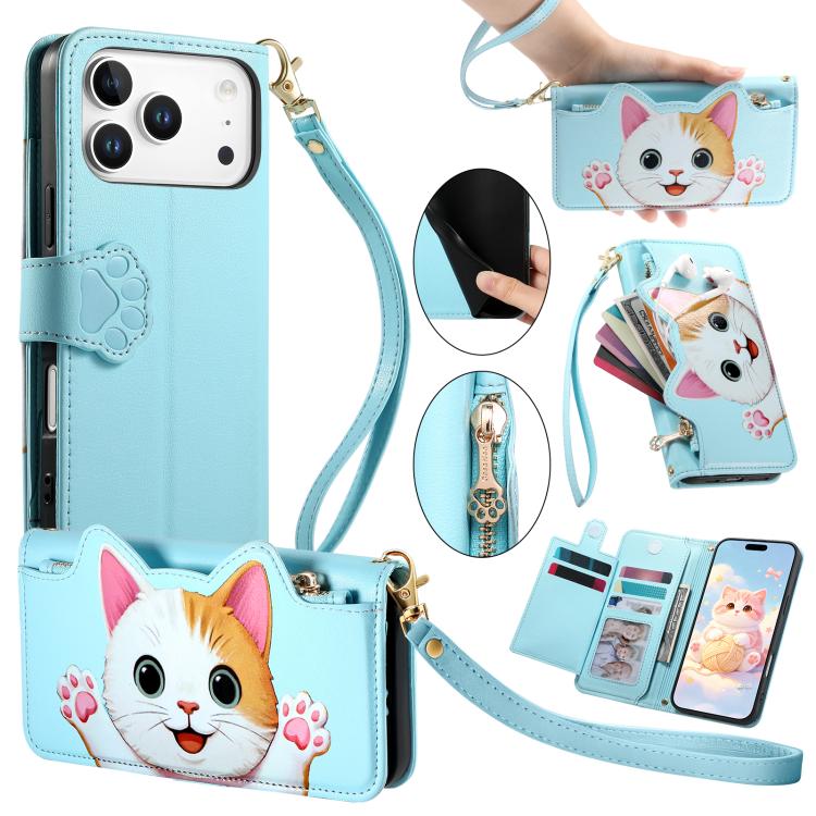 For iPhone 17 Pro Cat-shaped Zipper Wallet Vegan Leather Phone Case with Strap(Blue)