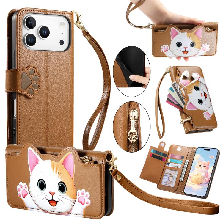 For iPhone 17 Pro Cat-shaped Zipper Wallet Vegan Leather Phone Case with Strap(Brown)