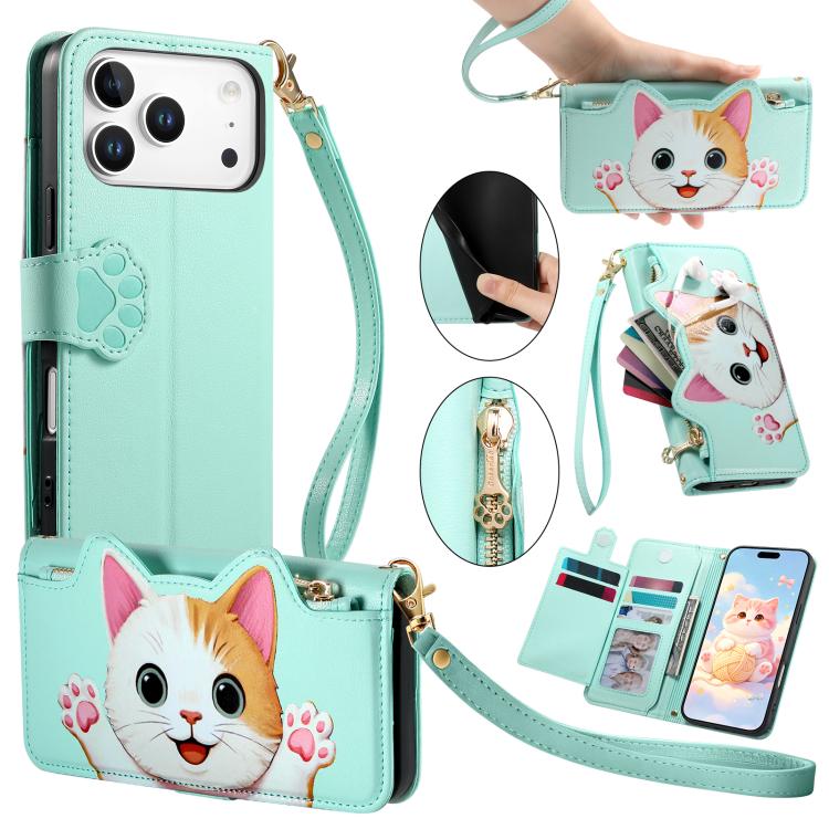 For iPhone 17 Pro Cat-shaped Zipper Wallet Vegan Leather Phone Case with Strap(Green)