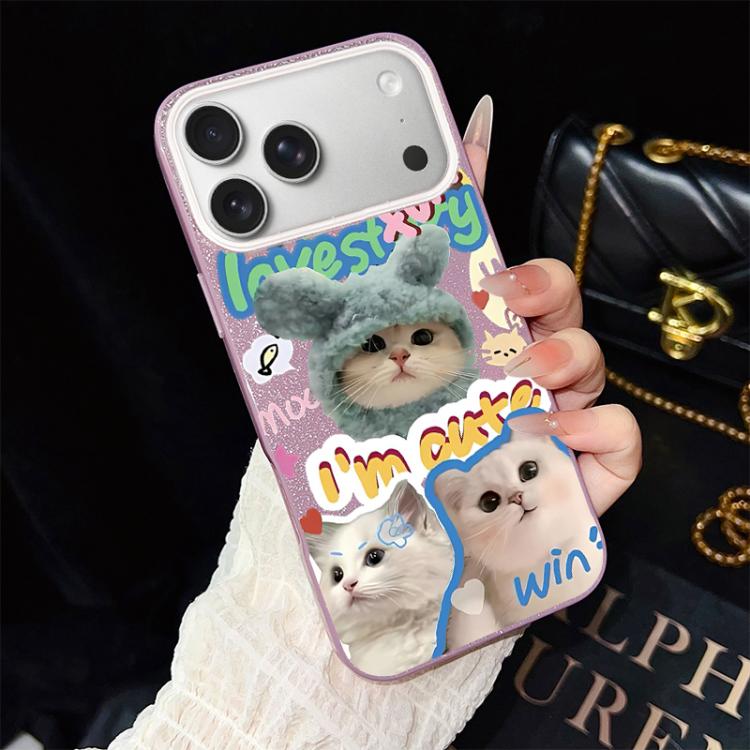 For iPhone 17 Pro Cats Pattern IMD Glitter PC Hybrid TPU Phone Case(Purple)