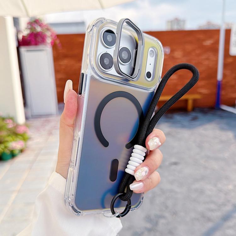 For iPhone 17 Pro Chameleon Lens Kickstand Magnetic Phone Case with Wrist Strap(Black)