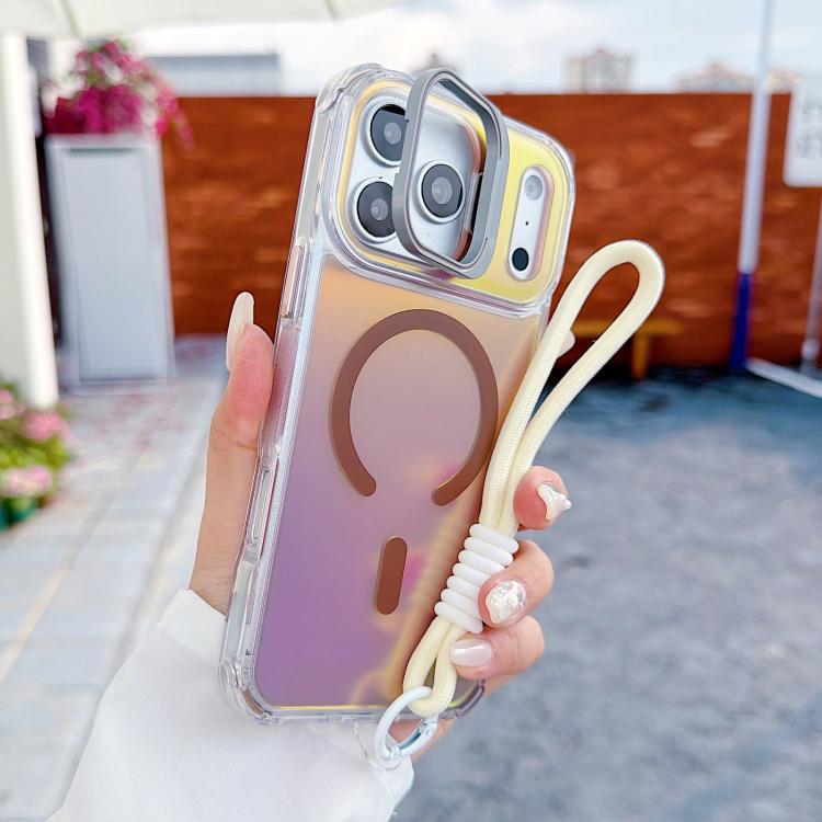 For iPhone 17 Pro Chameleon Lens Kickstand Magnetic Phone Case with Wrist Strap(Gold)