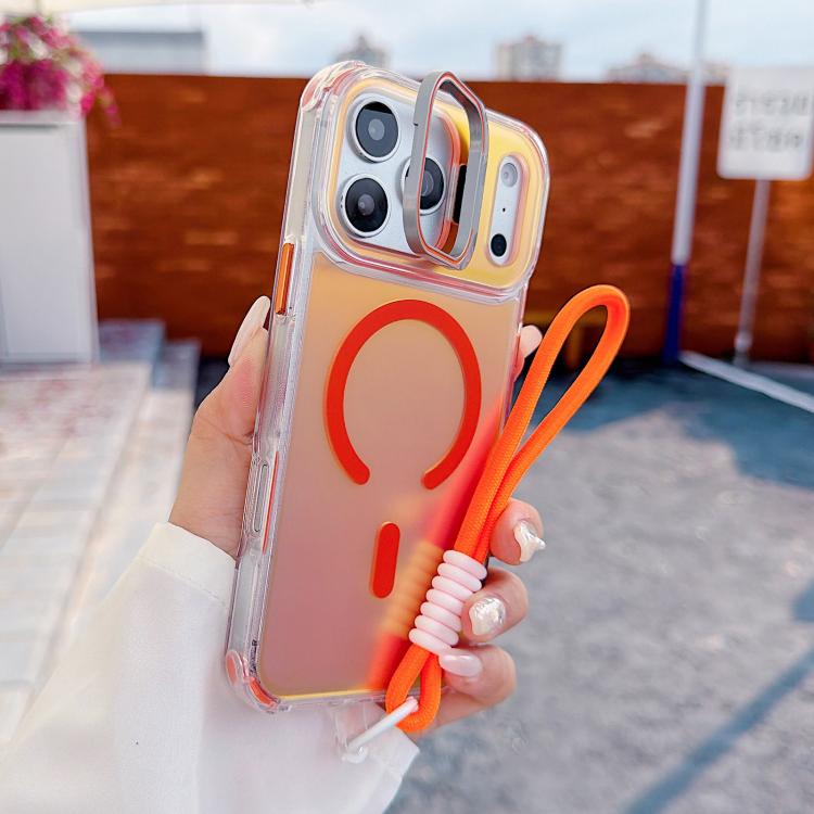 For iPhone 17 Pro Chameleon Lens Kickstand Magnetic Phone Case with Wrist Strap(Orange)