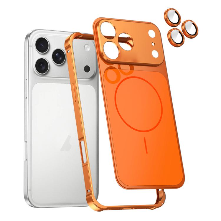 For iPhone 17 Pro Change to 17 Series X1 Metal Frame + Lens Magnetic Phone Case(Orange)