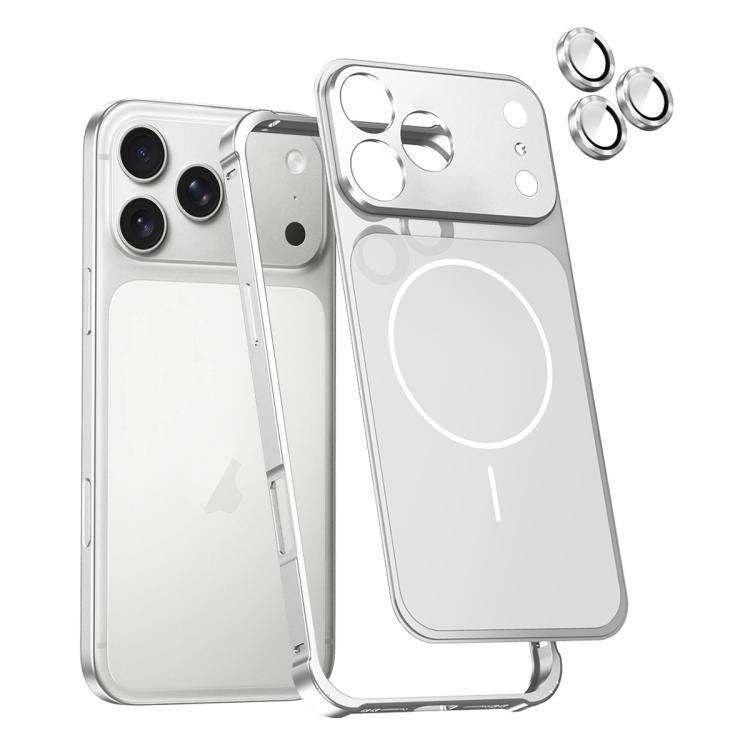 For iPhone 17 Pro Change to 17 Series X1 Metal Frame + Lens Magnetic Phone Case(Silver)