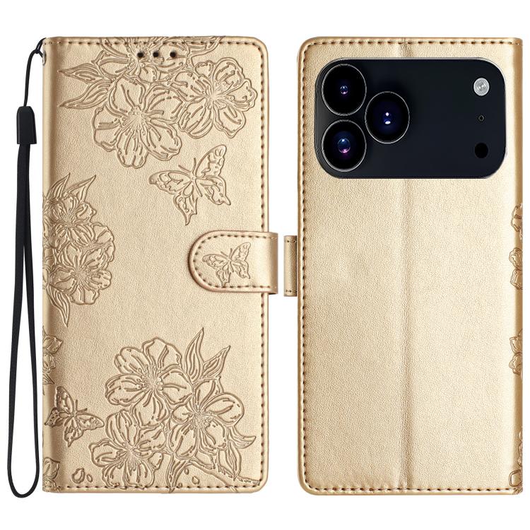 For iPhone 17 Pro Cherry Blossom Butterfly Skin Feel Embossed PU Phone Case(Gold)