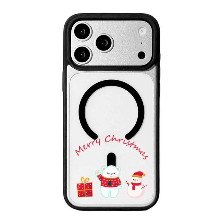 For iPhone 17 Pro Christmas Series Strong Magnetic Painted Black Edge Phone Case(Cute Polar Bear and Snowman)