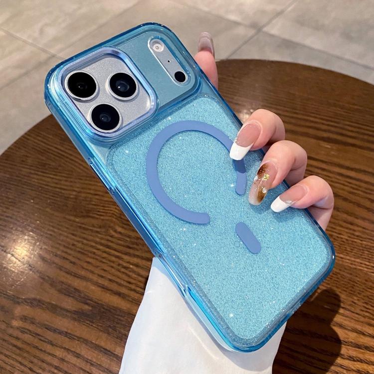 For iPhone 17 Pro Clear Glitter Magnetic Shockproof Phone Case(Blue)