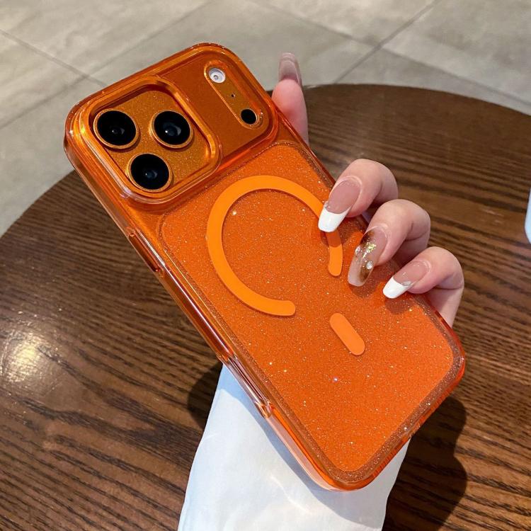For iPhone 17 Pro Clear Glitter Magnetic Shockproof Phone Case(Orange)