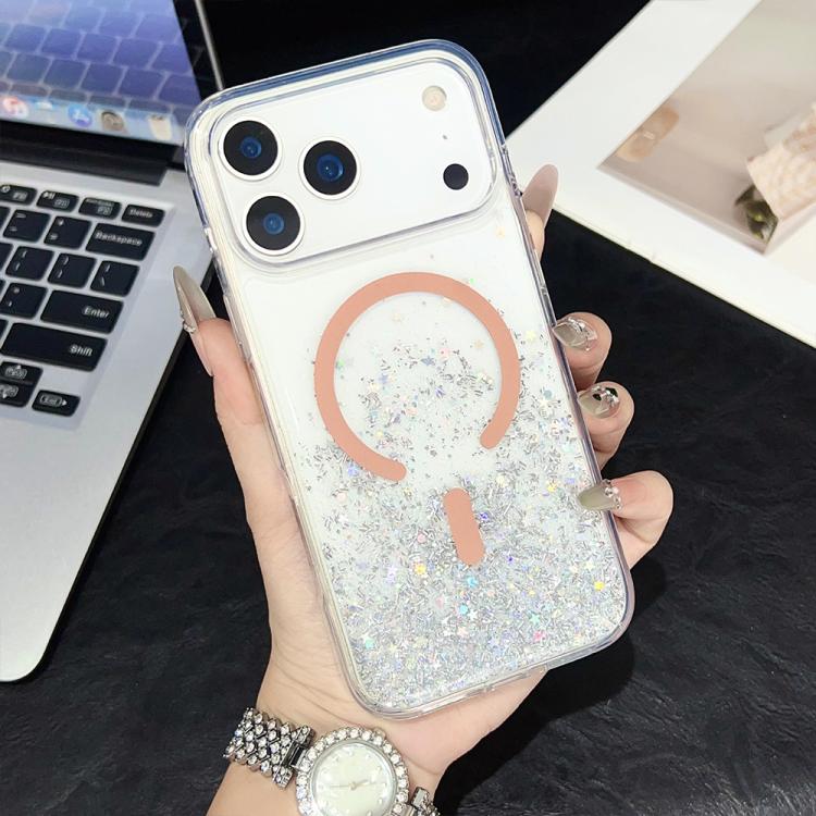 For iPhone 17 Pro Clear Glitter TPU Magnetic Phone Case(Orange Rhinestone)
